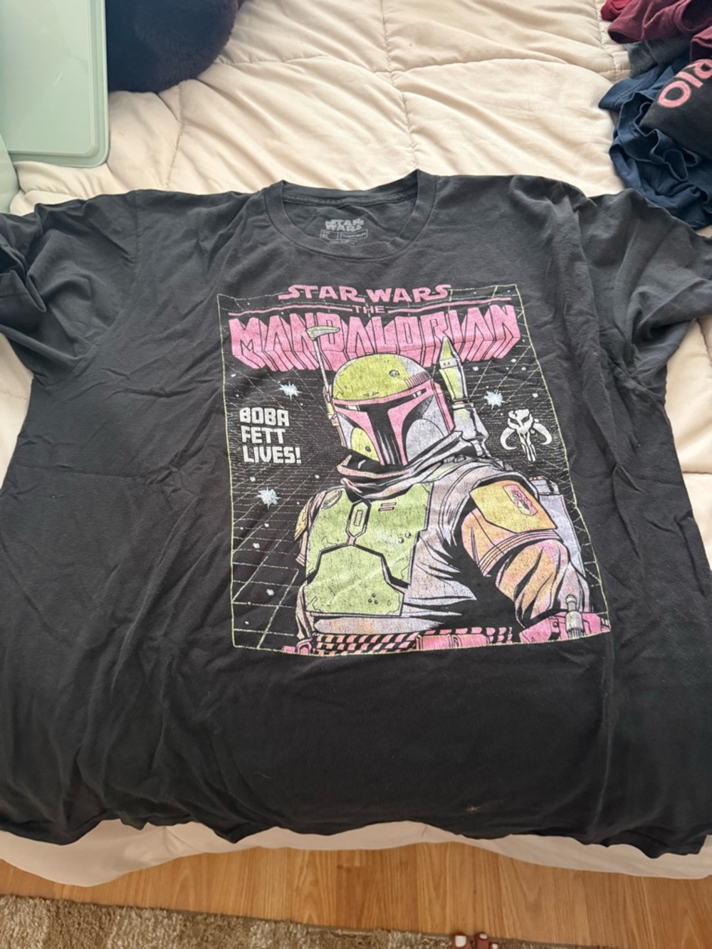 Star Wars The Mandalorian Boba Fett Black Graphic Tee with Pink and Green Print